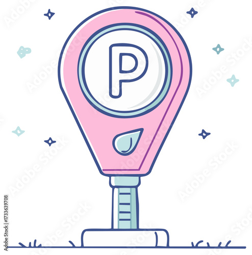Pink parking meter with P symbol and water drop icon surrounded by stars