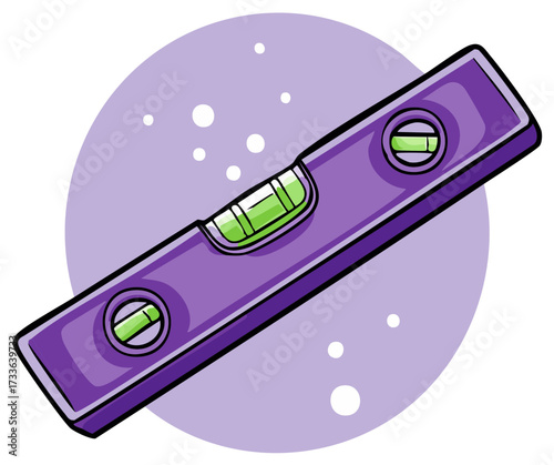 Cartoon illustration of a purple spirit level construction tool for measuring balance and accuracy