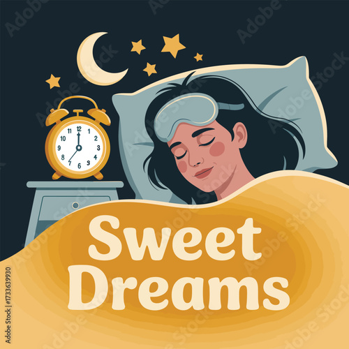 Woman Sleeping Peacefully with Moon Stars and Alarm Clock Text Sweet Dreams graphic