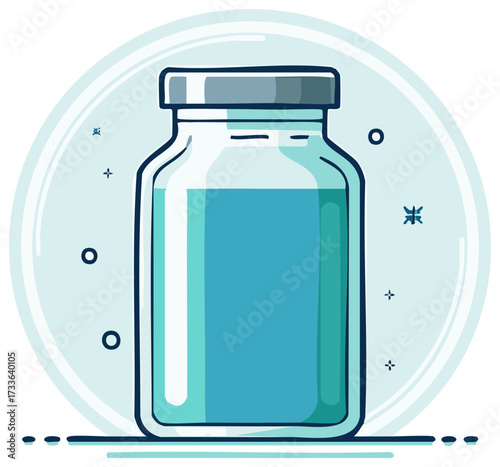 Illustration of a Blue Liquid Filled Medical Vial with Blue Accents, Suitable for Pharmaceuticals