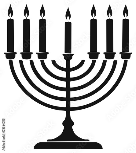 Monochrome Menorah with Seven Lit Candles Depicts Faith and Jewish Holiday Celebration