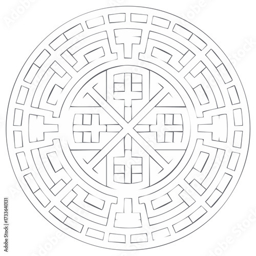 Ancient circular maze line drawing. A complex spiritual labyrinth puzzle with a geometric wheel symbol at its core.