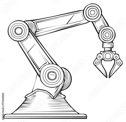 Industrial Robotic Arm Illustration with Claw Hand in Outlined Black and White Style