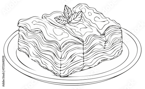 Savory Italian lasagna slice with basil leaves served on a plate line art illustration