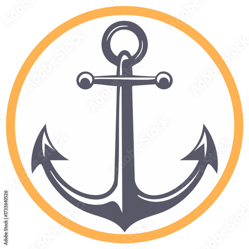 Simple Graphic Anchor Icon inside Orange Circle Nautical Maritime Symbol