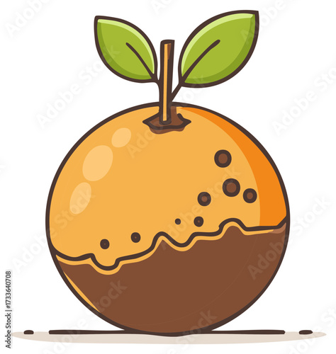 Cute cartoon orange fruit dipped in rich chocolate with decorative sprinkles and green leaves