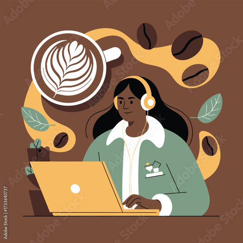 Woman Wearing Headphones Working on Laptop with Coffee and Coffee Beans Keywords: woman, headphones, laptop, coffee, coffee beans, latte art, work