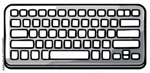 Stylized computer keyboard with a metallic sheen and outlined keys in a top down view