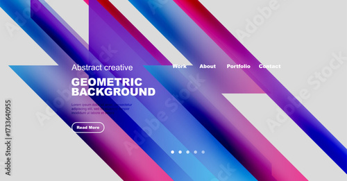 Dynamic geometric background features vibrant gradients. Text elements include work, about, portfolio, contact options. Button invites further exploration.