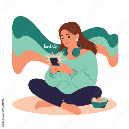 Woman with headphones playing game on phone with colorful abstract background graphic