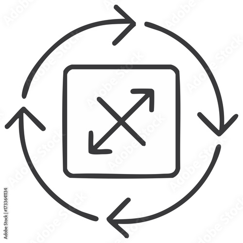 Hand drawn doodle icon showing continuous rotation and adaptable scaling process