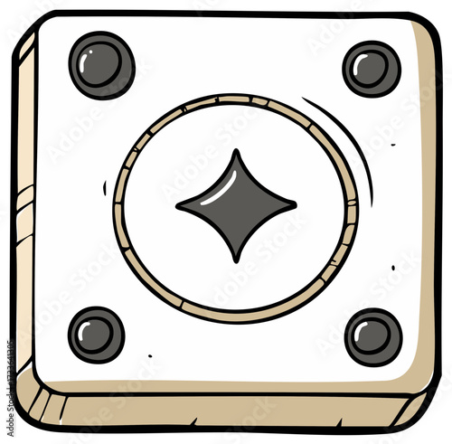 Stylized cartoon illustration of a unique fantasy board game die with a diamond symbol