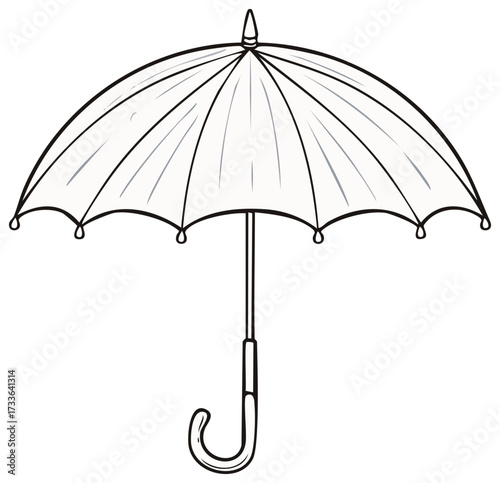 Simple outline of a white open umbrella with a curved handle on a white background