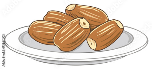 Illustration of Dates on a White Plate, Sweet Dried Fruit, Culinary Still Life