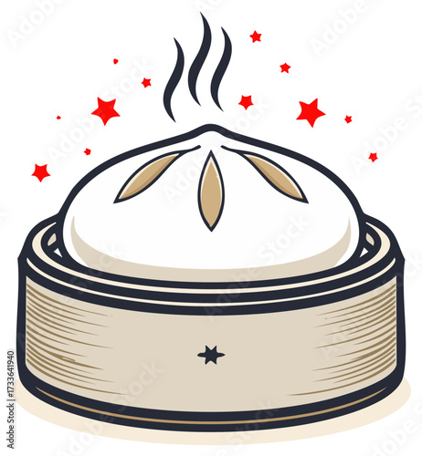 Steaming hot dumpling in a bamboo steamer with red stars decoration