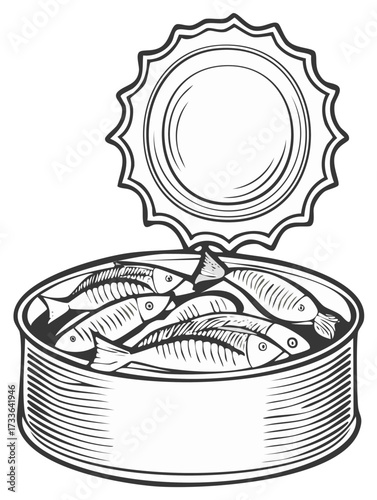 Line art of opened sardine tin can packed with fishes, canned food preparation and vintage style