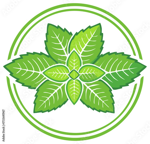 Stylized green mint leaves icon in a circular frame, a fresh herb logo design