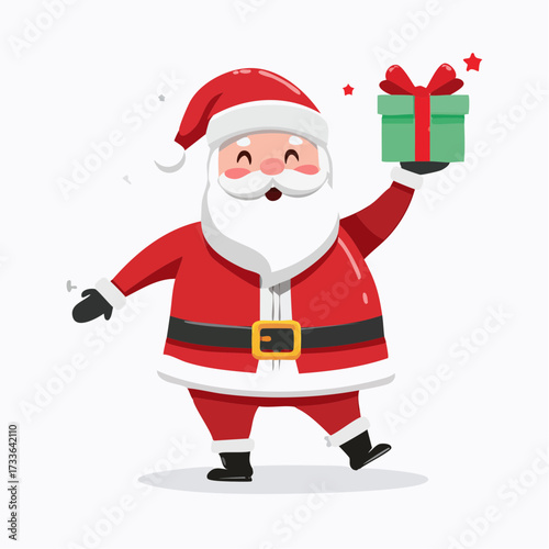 Santa Claus is holding a beautifully wrapped green gift. Santa Claus wearing a red suit and hat with a long white beard and a cheerful expression.