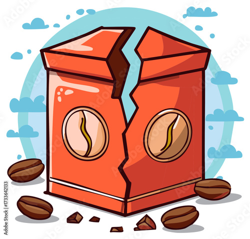 Cartoon Illustration of a Broken Coffee Box with Scattered Beans