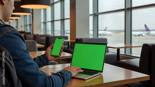 Person using green screen smartphone and laptop at airport cafe natural indoor lighting technology and travel context