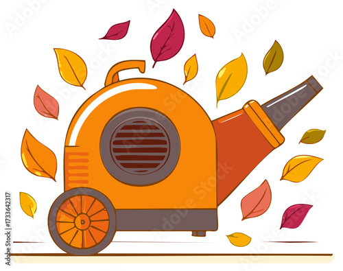 Vibrant Orange Leaf Blower Cleaning Up Autumn Leaves Seasonal Yard Work Illustration