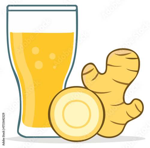 Refreshing Ginger Juice in Glass with Fresh Root and Slice, Healthy Drink