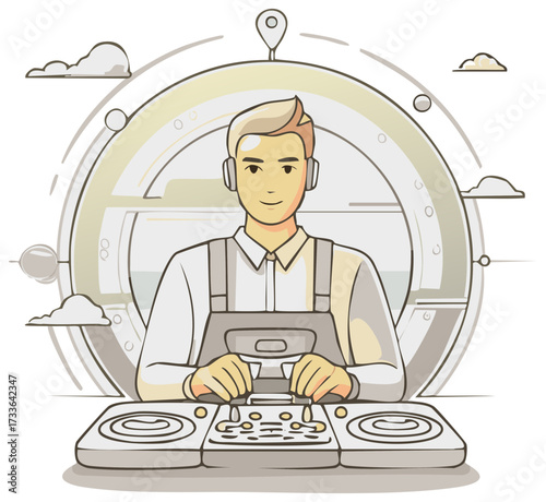 Cartoon Astronaut at Control Panel with Cloud Details and Portal Outline