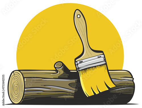Paintbrush applying yellow finish to a cut wood log vector illustration