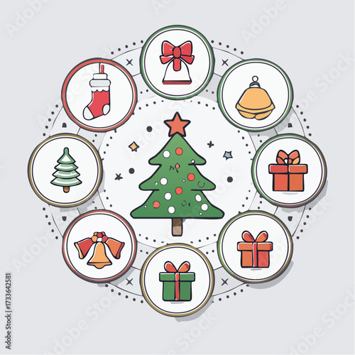 A festive Christmas graphic concept, featuring a central decorated fir tree surrounded by traditional holiday symbols like gifts, bells, and stockings, perfect for seasonal designs