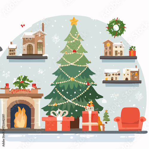 Cozy Christmas Scene with Decorated Tree, Gifts, Fireplace, and Festive Village Display