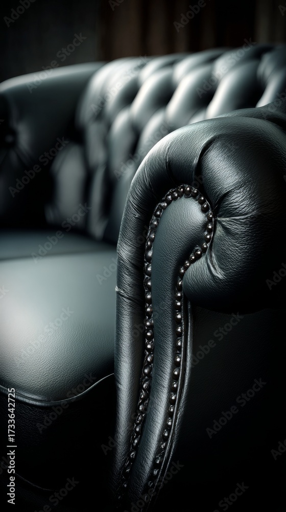 Fototapeta premium Luxurious and elegant close-up of deep black tufted leather upholstery with polished buttons, creating sophisticated diamond pattern and rich texture