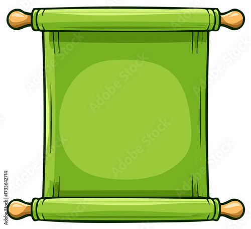 Blank unrolled green scroll banner with wooden handles cartoon vector illustration
