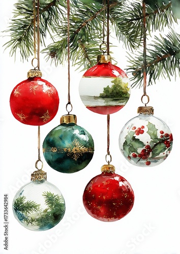Wallpaper Mural Watercolor christmas illustration of red and green glass balls and pine branches. Christmas festive design. Winter holiday greeting card Torontodigital.ca