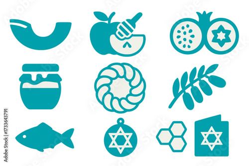 Icons of traditional Rosh Hashanah symbols in blue and white  