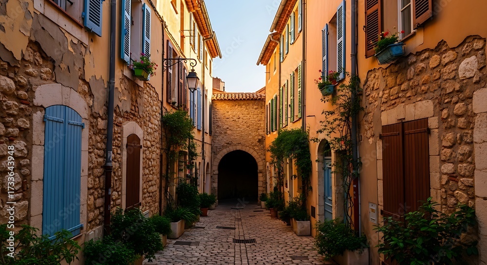 Fototapeta premium Charming historic cobblestone alleyway in a picturesque European village.