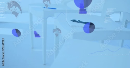 On playback globe icons, code overlays fading in over tables with pen on notepad illustrating data