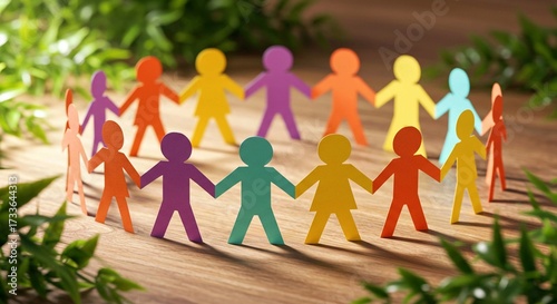 paper people holding hands, Smiling woman in gray polo shirt with neat stacks of white towels on shelves behind. Works in hotel fitness center organizing laundry. Represents cleanliness, hospitality, 