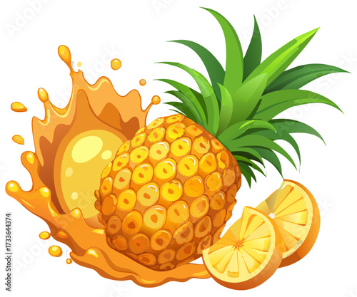 Fresh Pineapple with Slices, Rings, and Juice Splash Isolated on Transparent Background.