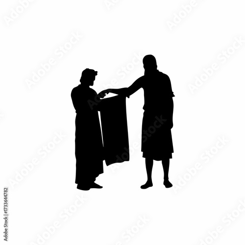 Seller demonstrating weaving technique to customer silhouette isolated on white background