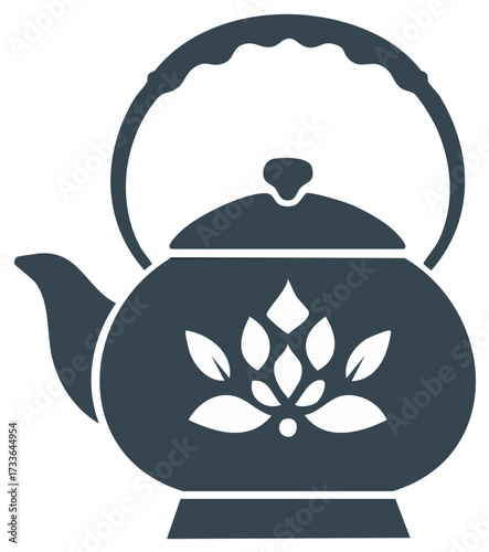 Tea Pot Icon with Floral Design Traditional Beverage Serving Vessel Minimalist Glyph Illustration Asian Teaware Teatime Still Life