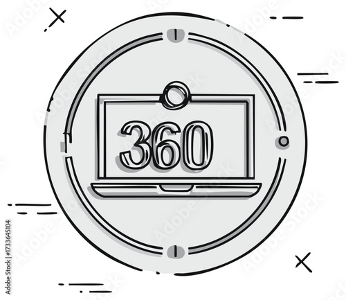 Hand drawn sketch of 360 degree virtual reality content on laptop screen icon
