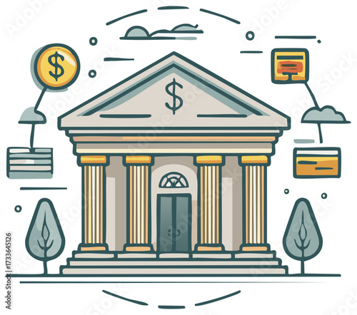Stylized bank building with currency symbols, financial icons, and stylized trees illustration