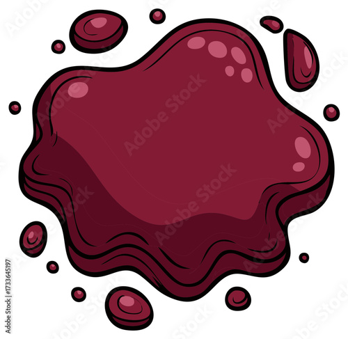 A messy cartoon splash of glossy dark red liquid with thick black outlines and drops