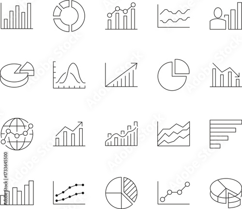 Collection of modern line icons representing various statistical concepts and data analysis