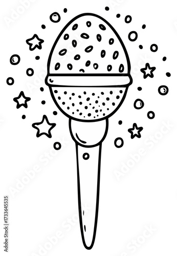 Microphone illustration with stars and dots, black and white doodle.