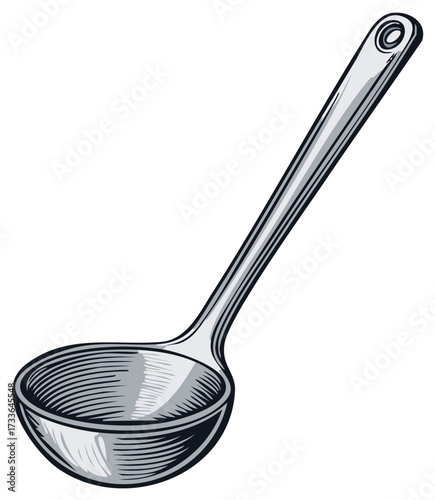 Soup ladle kitchen utensil in a classic retro engraved illustration style