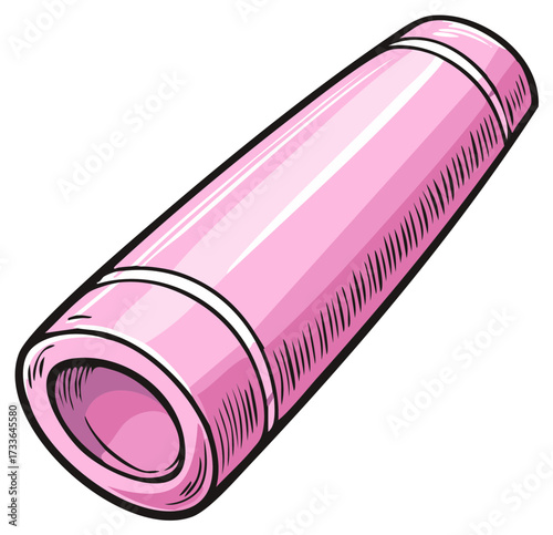 Cartoon illustration of a pink rolled yoga mat for fitness and wellness