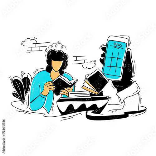Engaged individual engrossed in reading a book, surrounded by floating news snippets and documents, symbolizing information consumption and knowledge acquisition for modern learning.