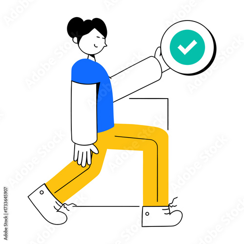 Abstract figure with blue torso and yellow legs in a dynamic pose, a teal checkmark symbol indicating success or approval floating nearby