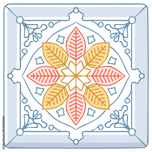 Symmetrical ornamental square tile with traditional botanical floral leaf pattern illustration
